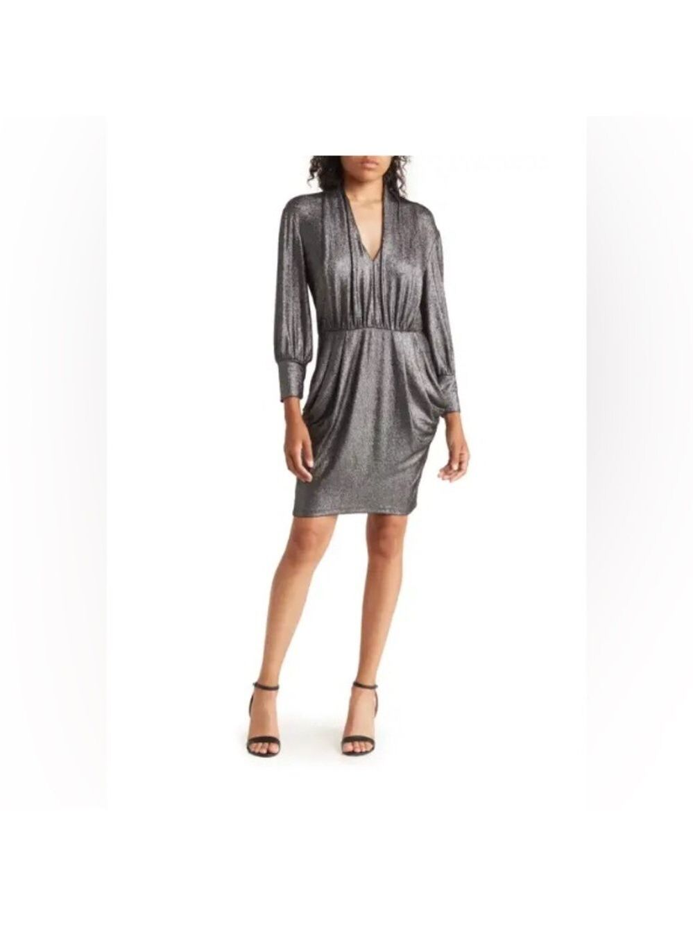 Donna Morgan Cocktail Mini Dress Silver Metallic Sz 2 Pockets $129 - Picture 2 of 5